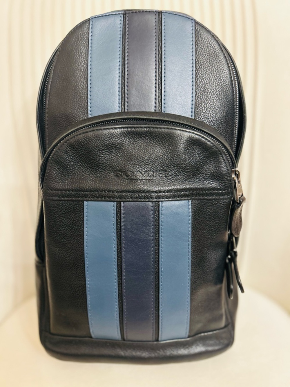 Coach Black Leather Backpack with Dual Blue Stripes